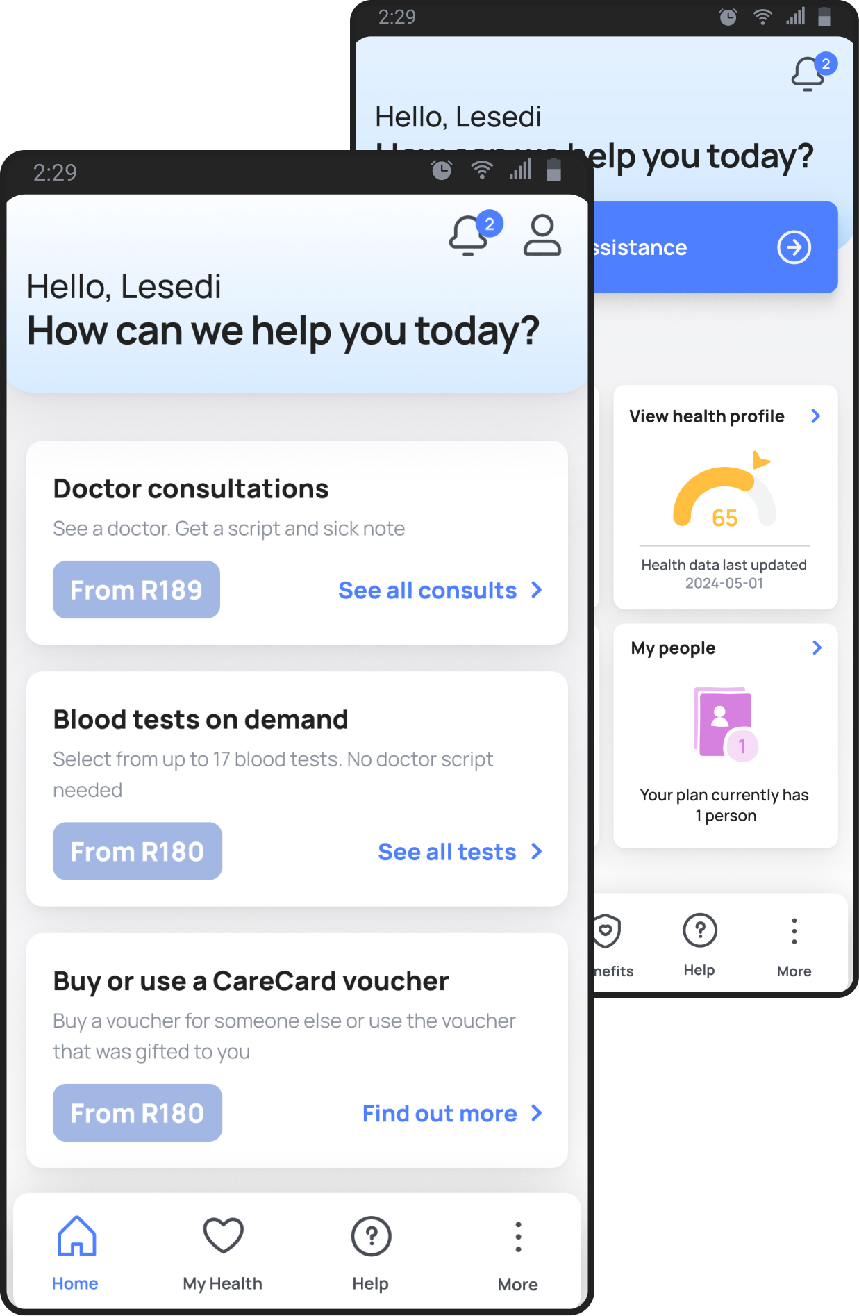 A design mock up on a phone showcasing the unu health dashboard